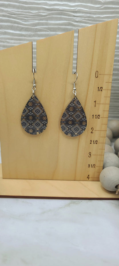 Grey Aztec Teardrop Earrings