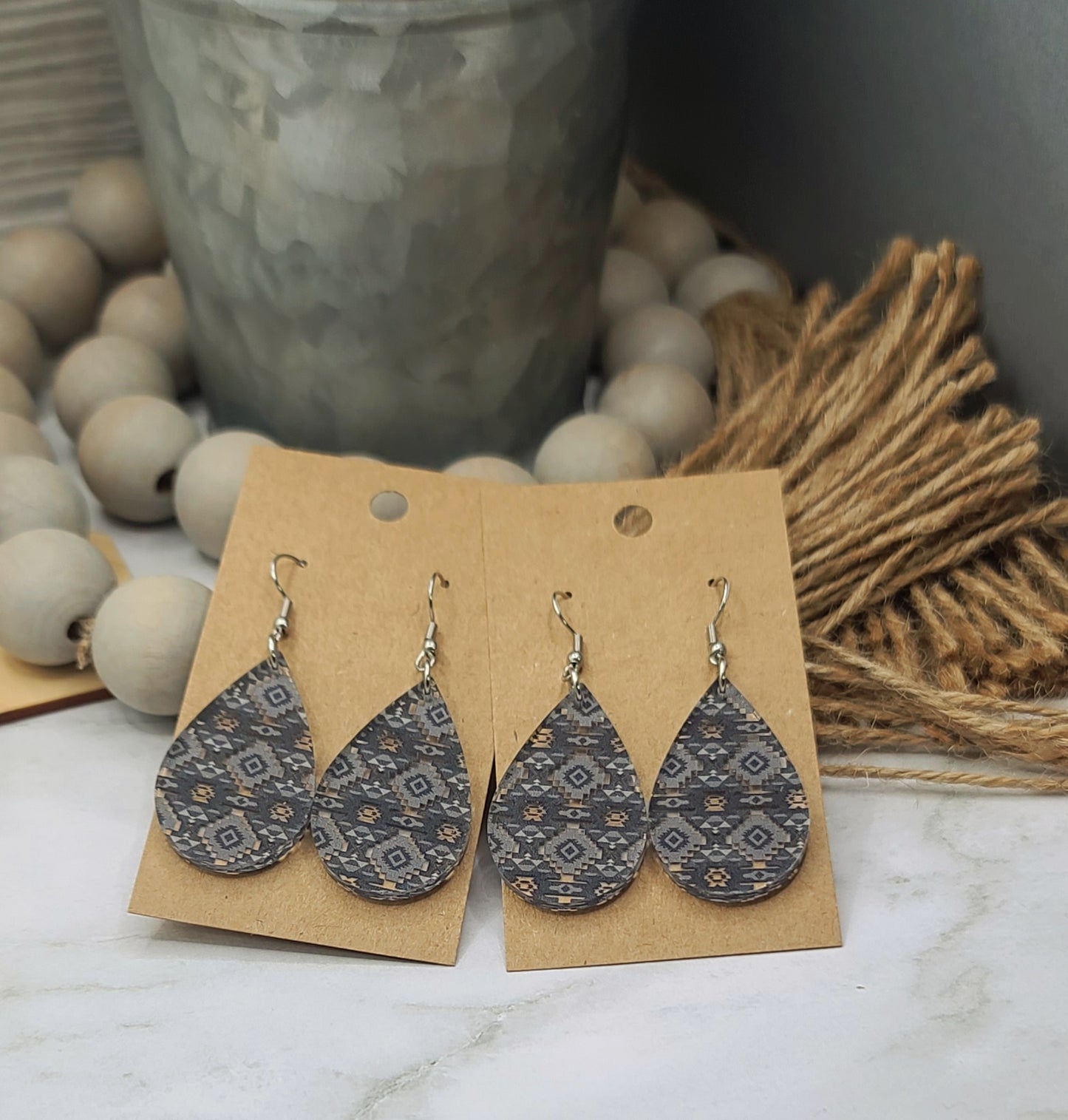 Grey Aztec Teardrop Earrings