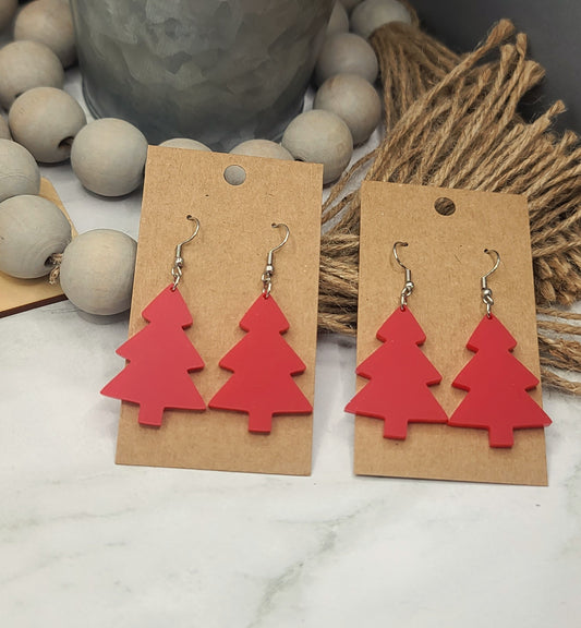 Matte Red Christmas Tree Earrings