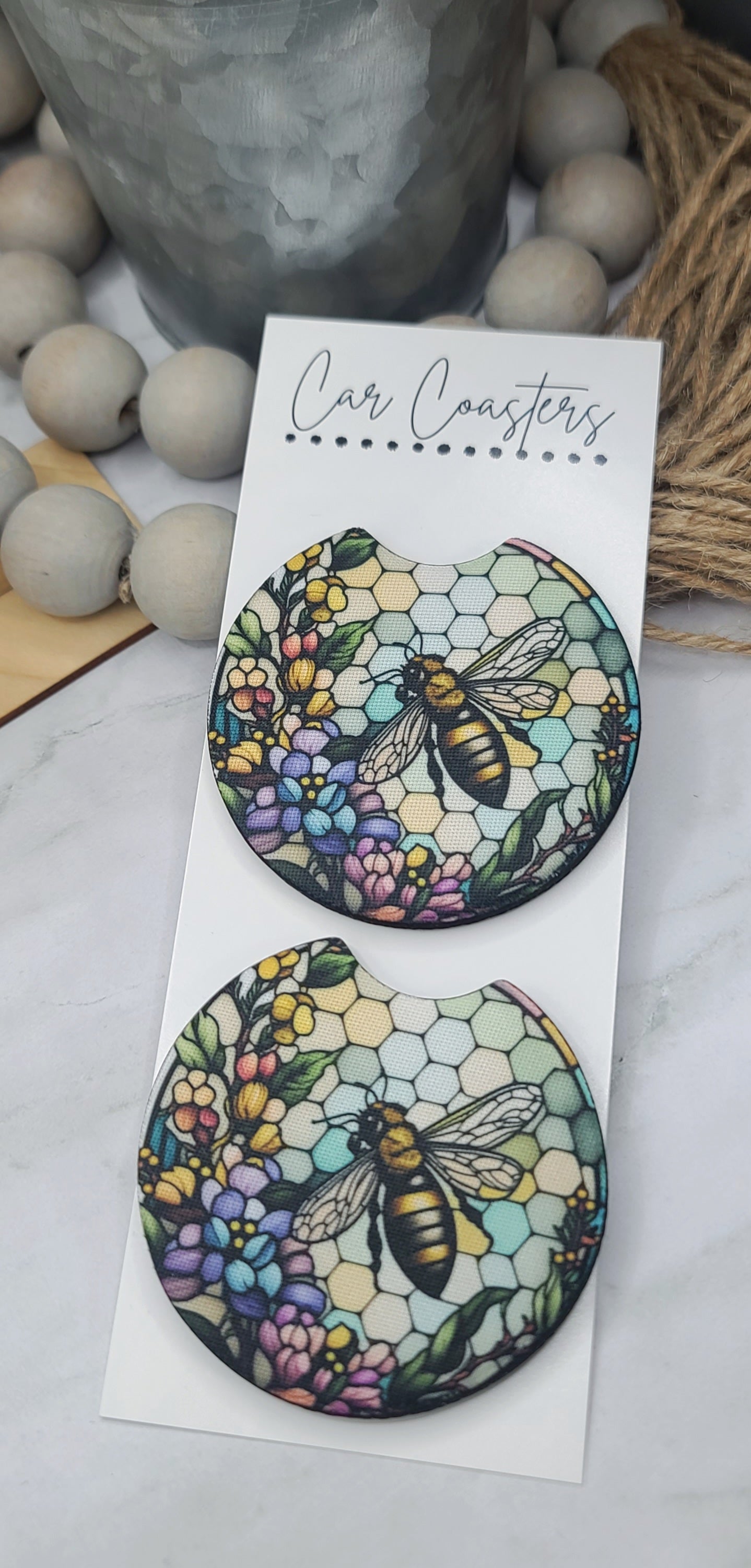Stained Glass Bee Car Coasters