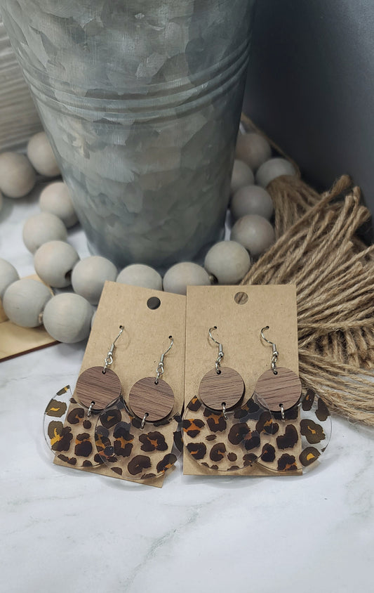 Clear Leopard and Walnut Stacked Circle Earrings