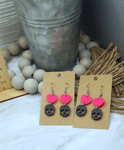 Heart Skull Earrings Hot Pink/Black