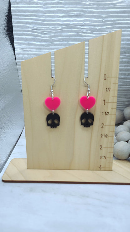 Heart Skull Earrings Hot Pink/Black