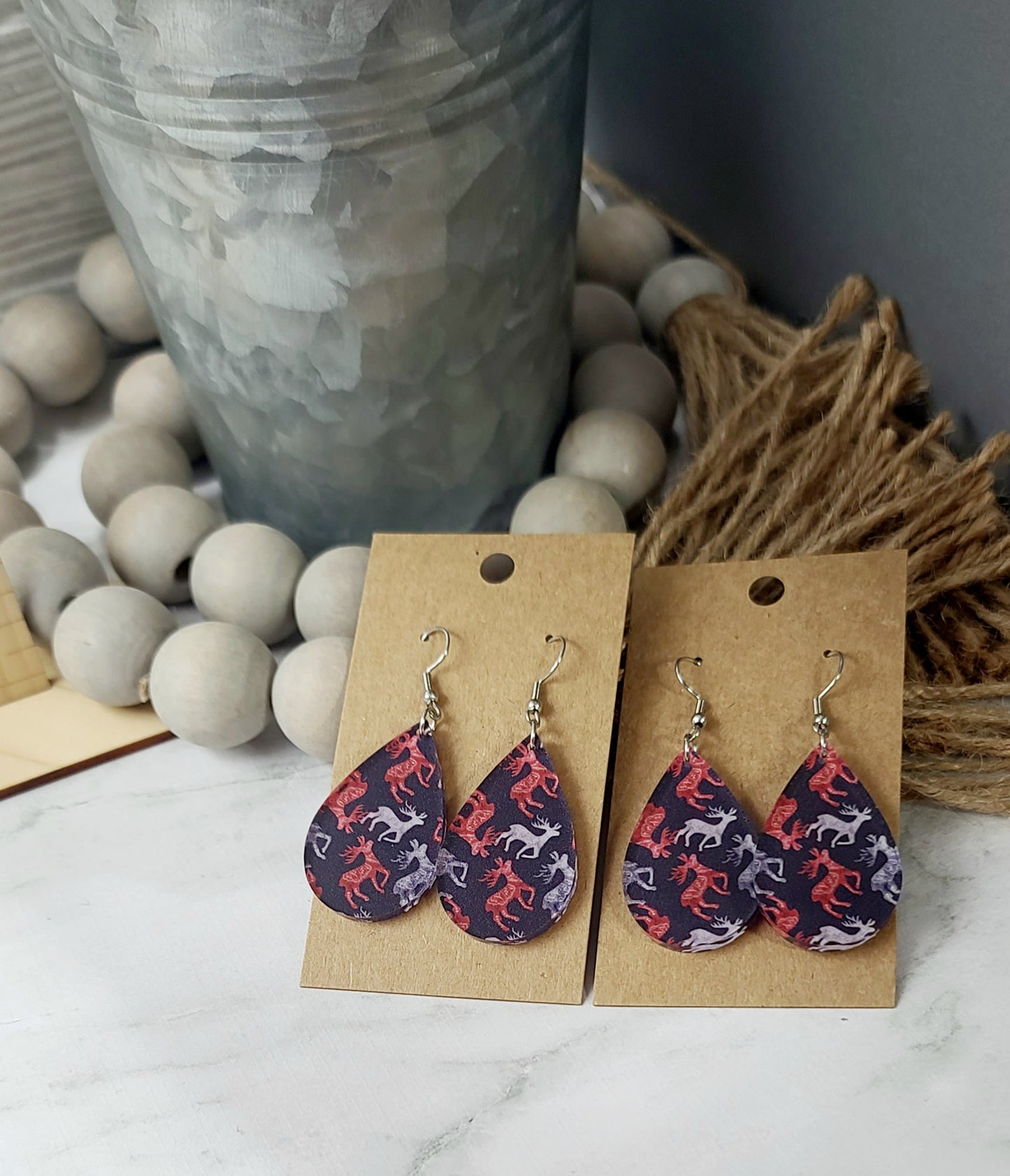 Navy Reindeer Teardrop Earrings