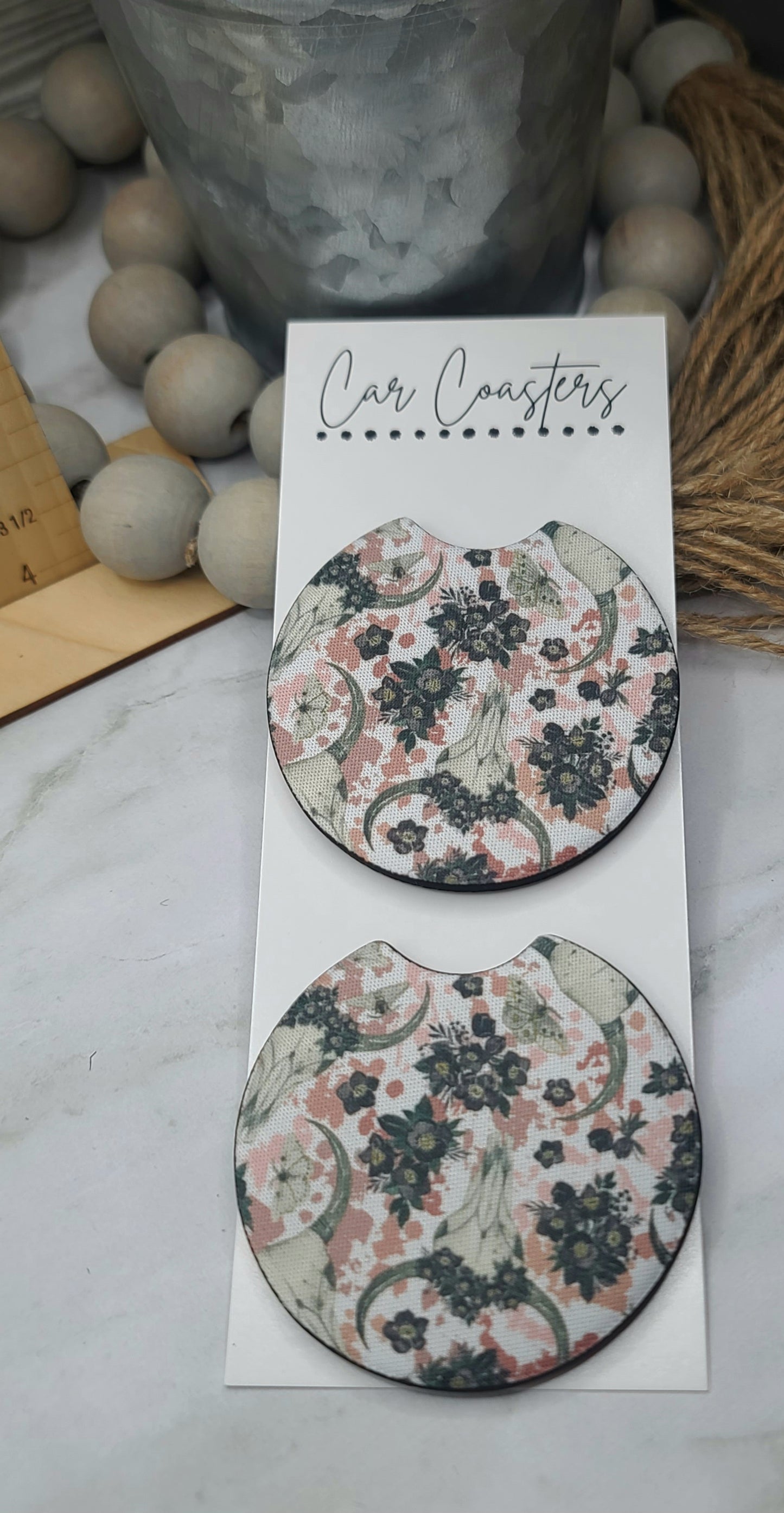 Rustic Floral Bull Skull Car Coasters