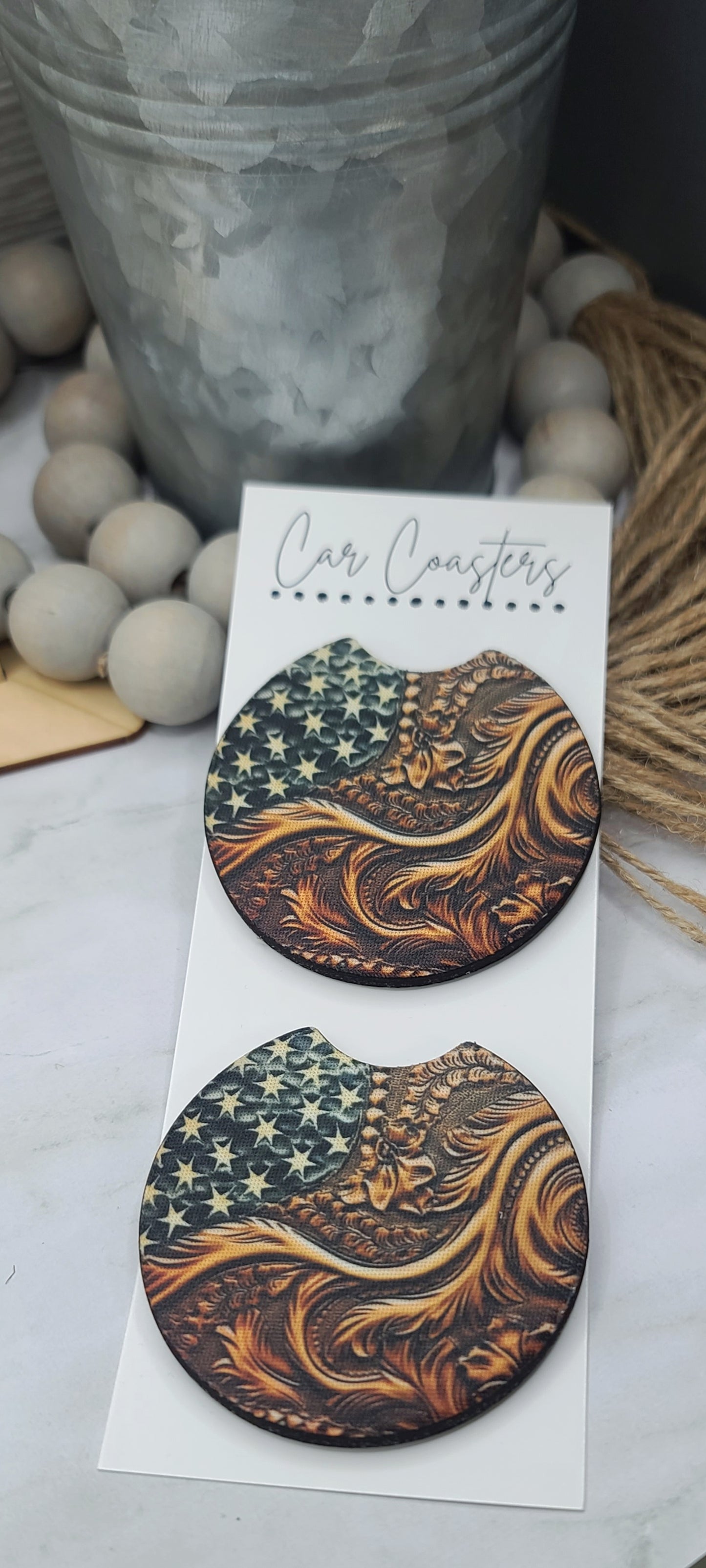 Tooled Leather Look Printed Flag Car Coasters