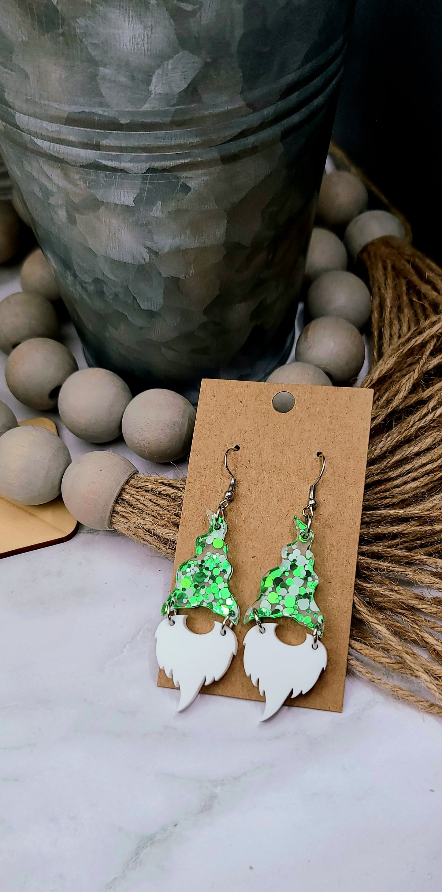 Green Glitter Gnome Earrings
