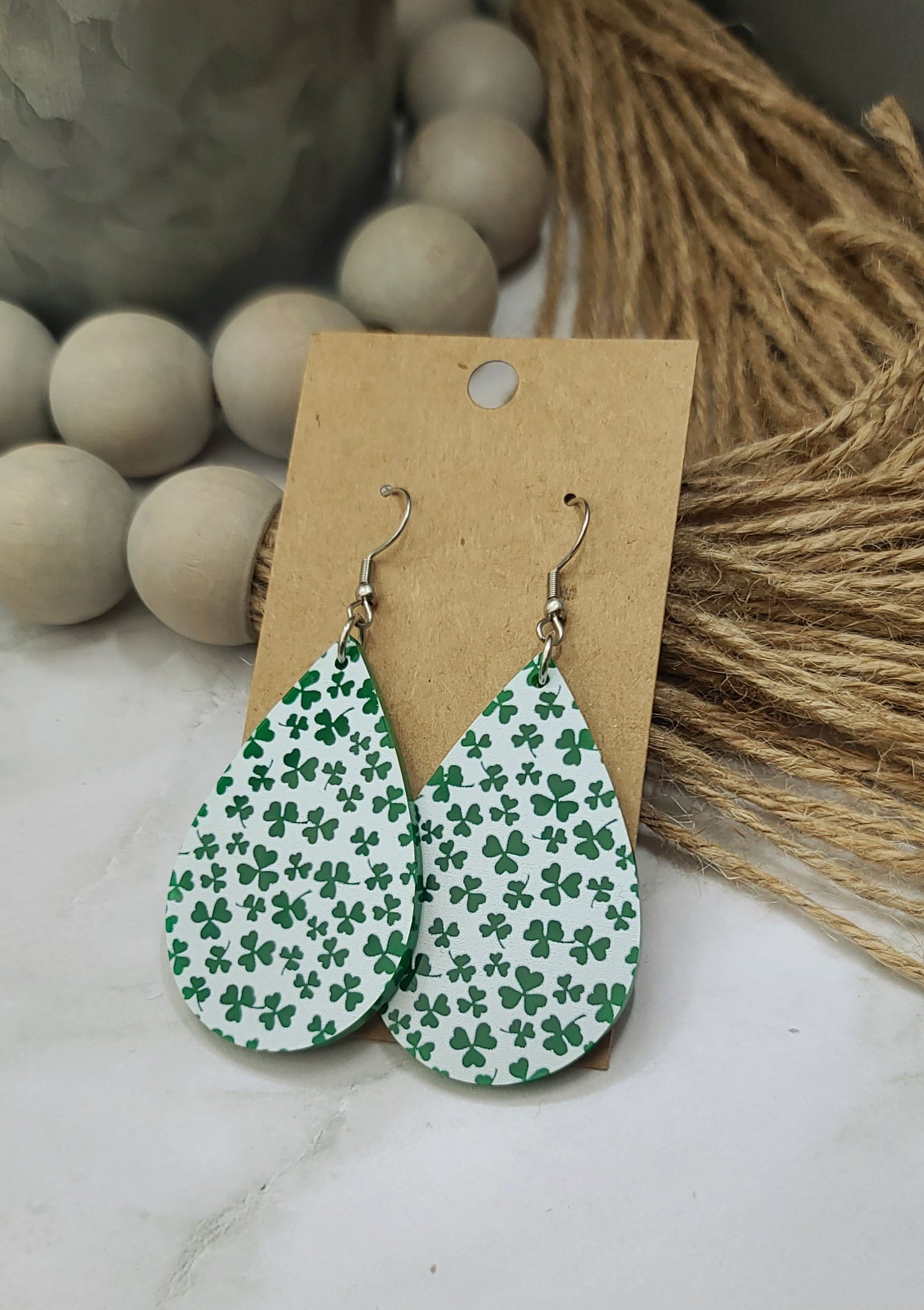 White Shamrock Teardrop Earrings