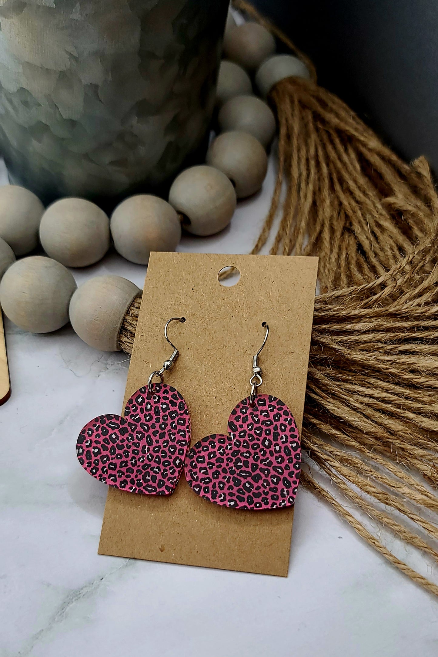 Pink Leopard Heart Earrings