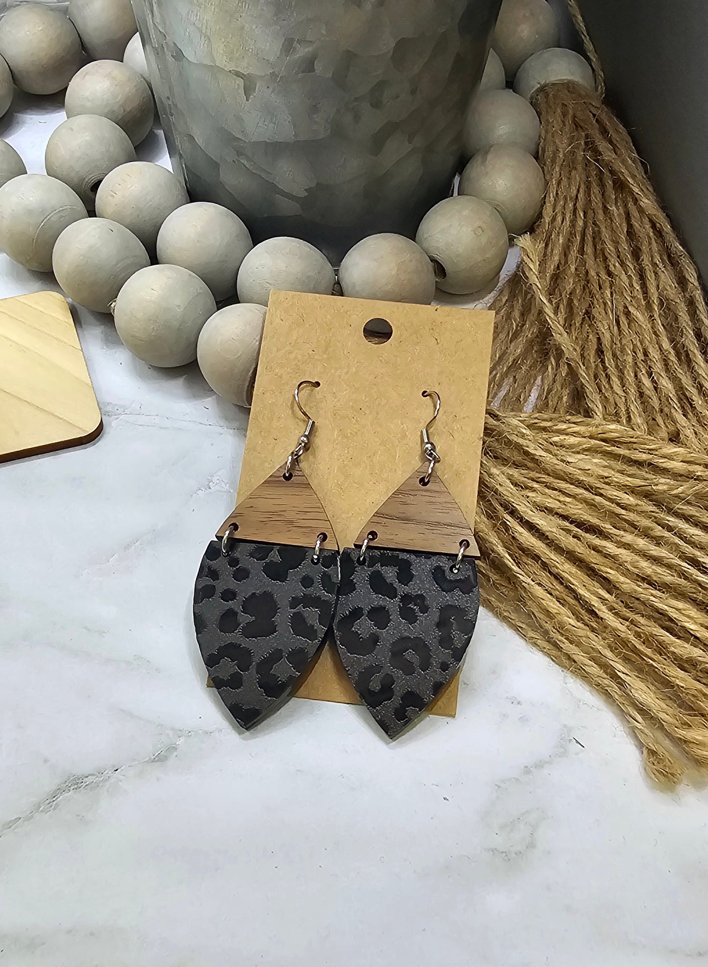 Walnut and Leopard Split Petal Earrings