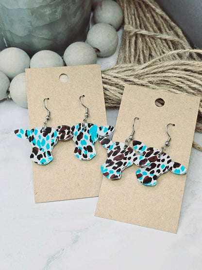 Brown and Blue Cow Head Earrings