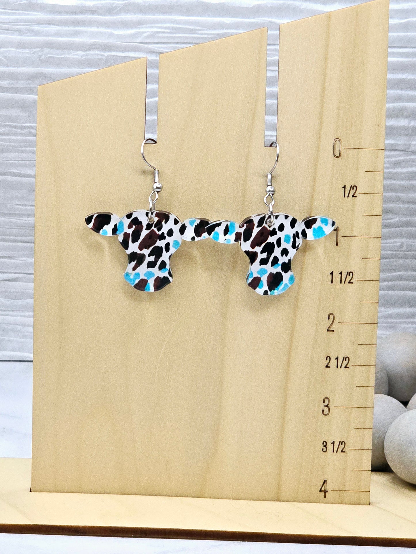 Brown and Blue Cow Head Earrings