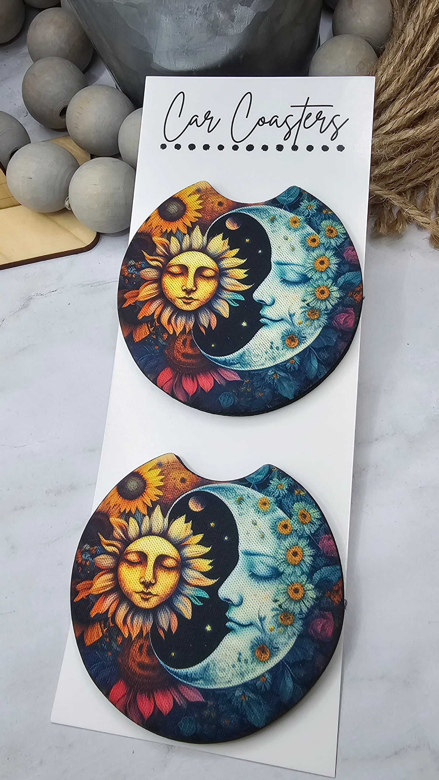 Vibrant Sun and Moon Car Coasters