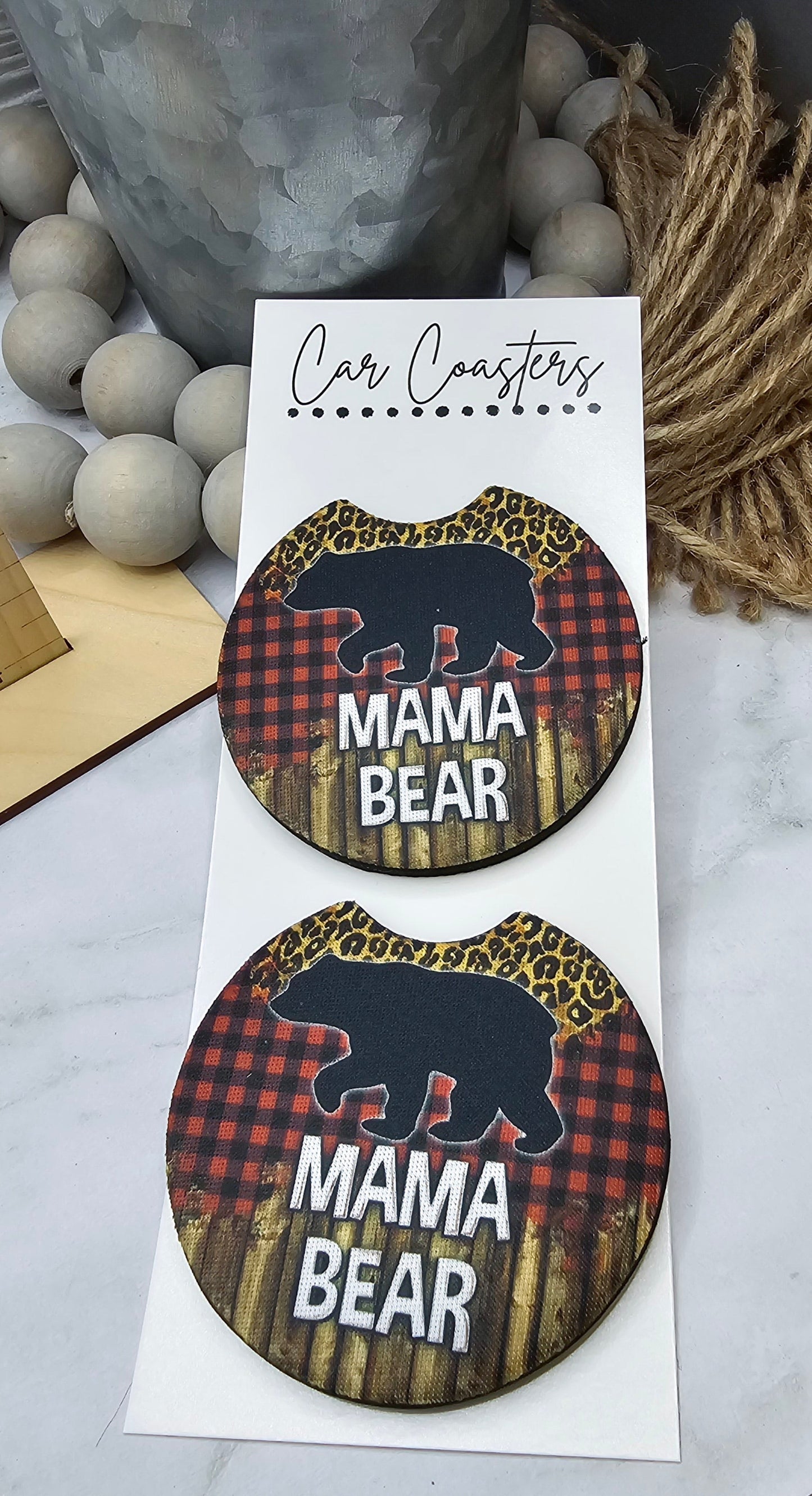 Plaid Mama Bear Car Coasters