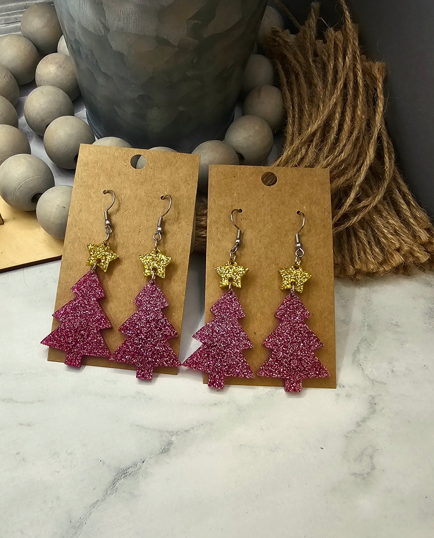 Pink Glitter with Star Christmas Tree Earrings