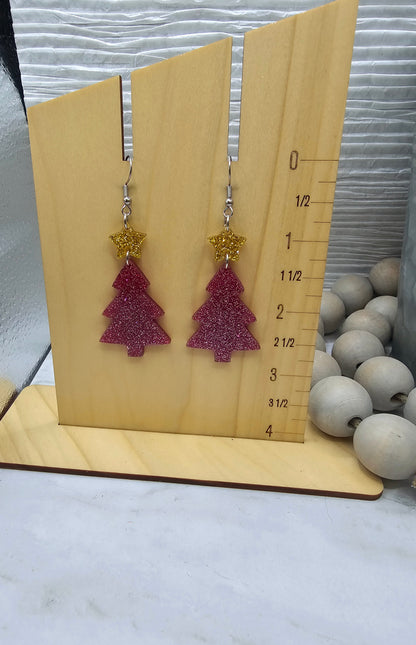 Pink Glitter with Star Christmas Tree Earrings