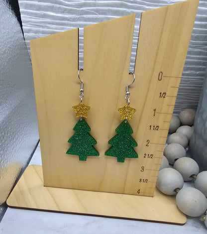 Green Glitter with Star Christmas Tree Earrings