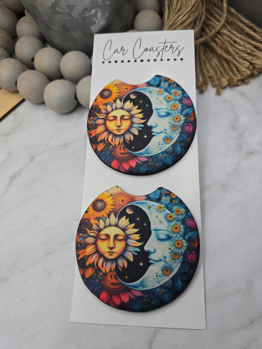 Vibrant Sun and Moon Car Coasters