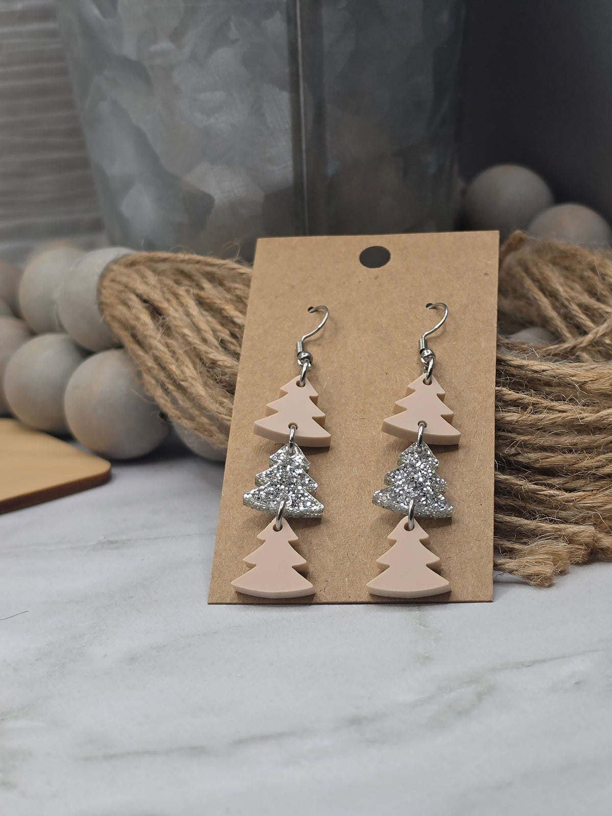 Blush Pink and Silver Christmas Tree Earrings