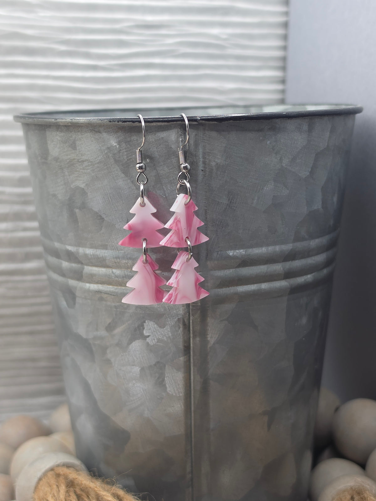 Pink Marble Christmas Tree Earrings
