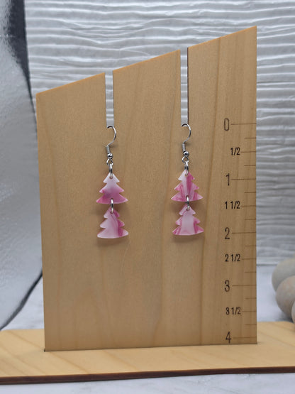 Pink Marble Christmas Tree Earrings