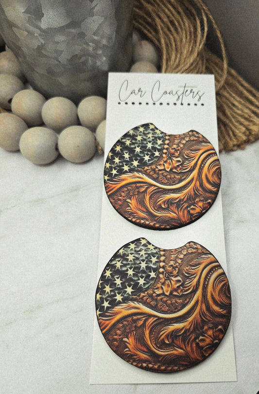 Tooled Leather Look Printed Flag Car Coasters