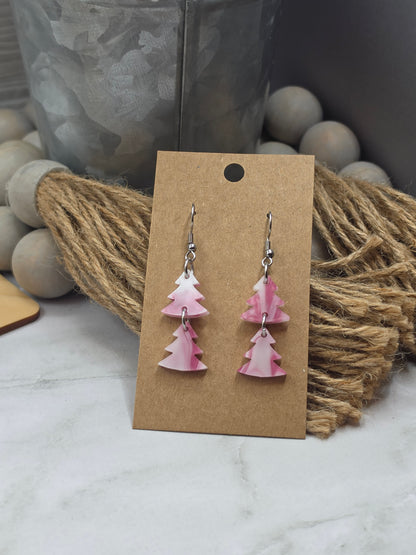 Pink Marble Christmas Tree Earrings