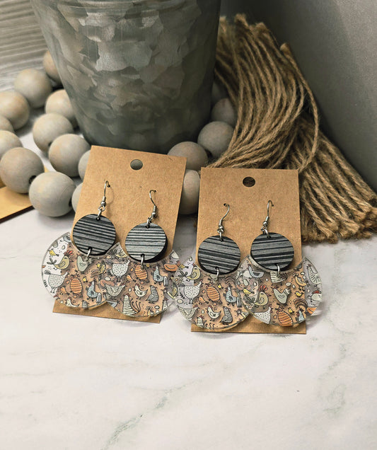 Rustic Chicken Stacked Circle Earrings