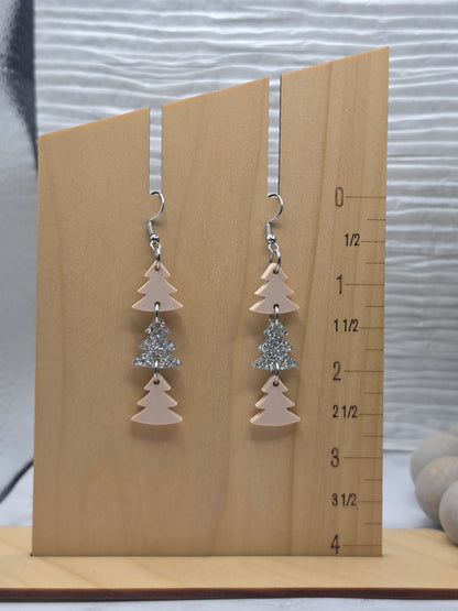 Blush Pink and Silver Christmas Tree Earrings