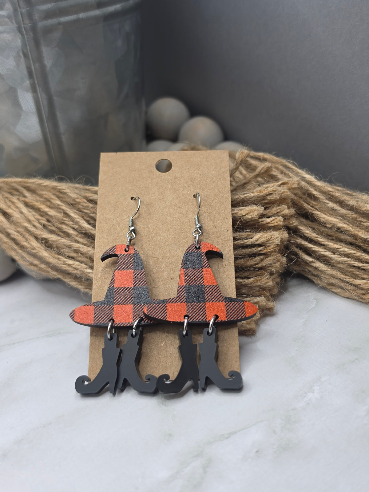 Orange Plaid Witch Earrings