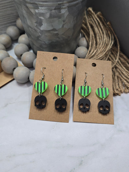 Striped Heart Skull Earrings