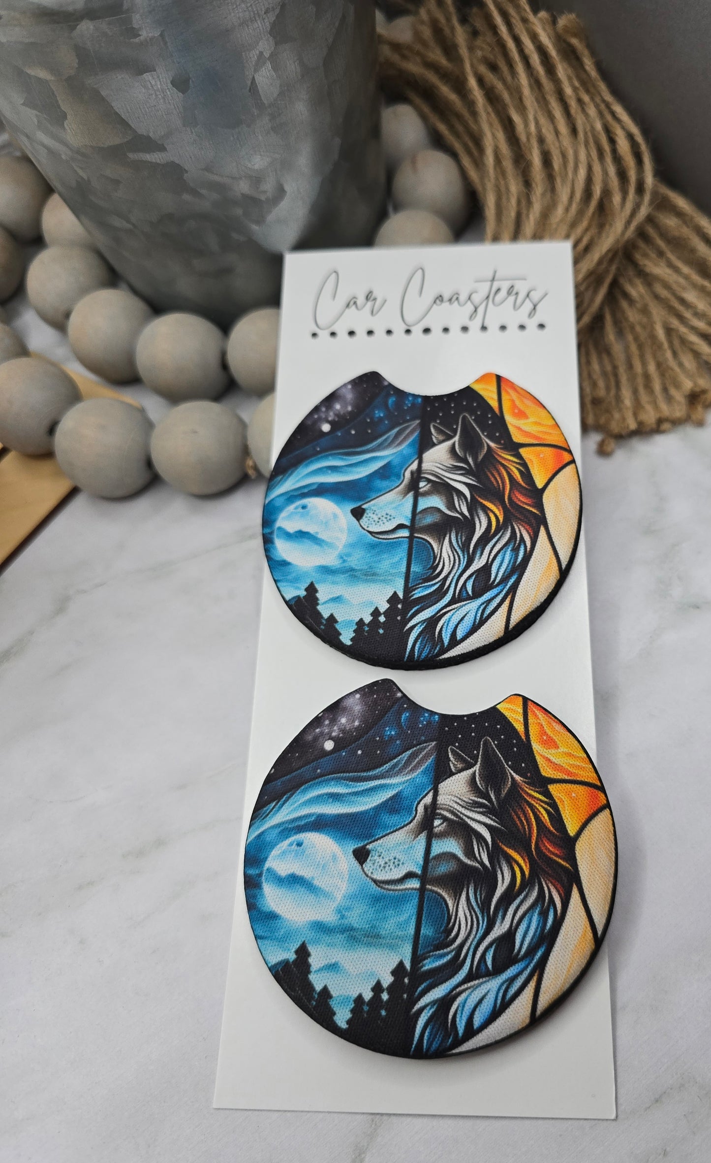 Stain Glass Wolf Car Coasters