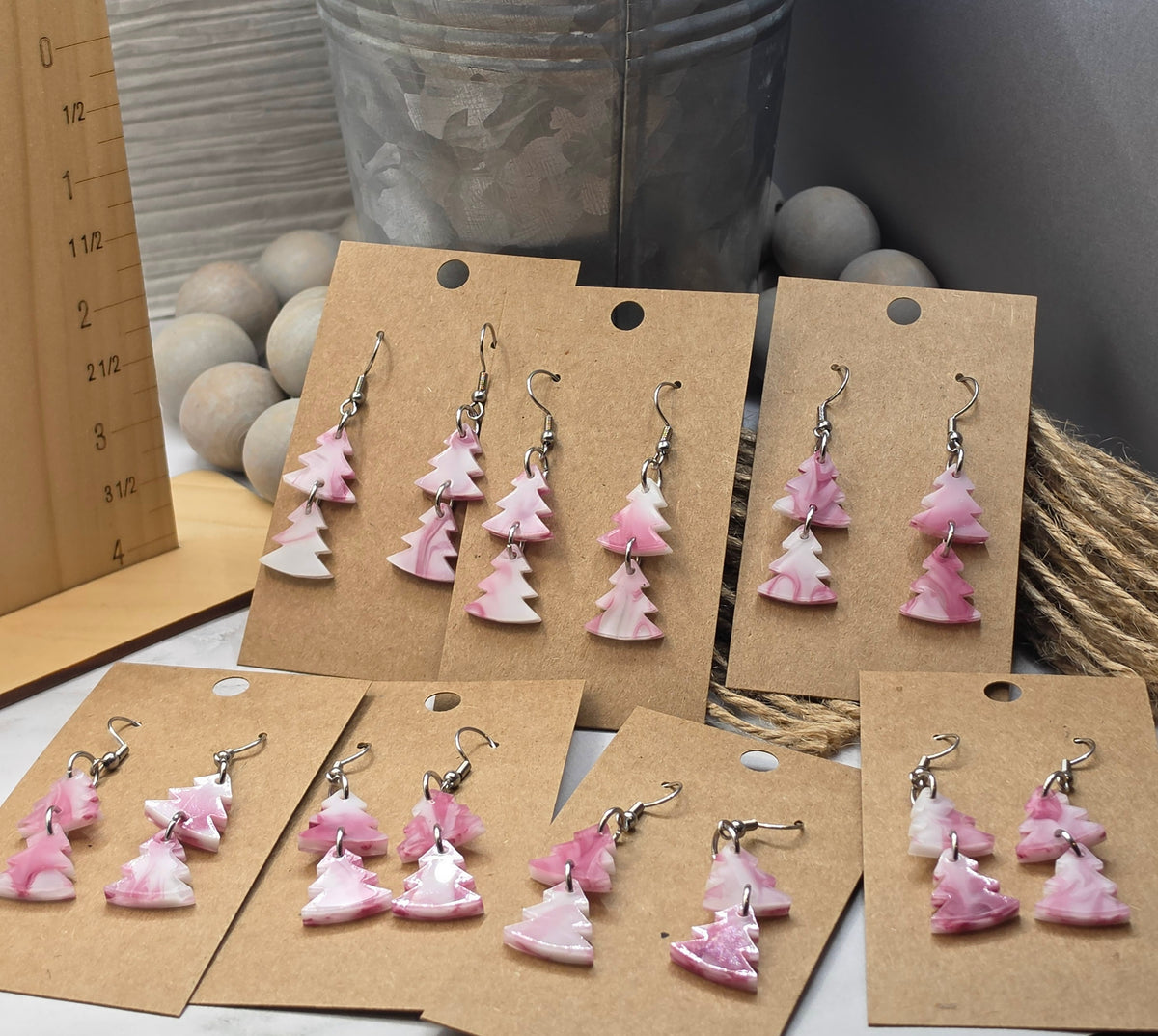 Pink Marble Christmas Tree Earrings