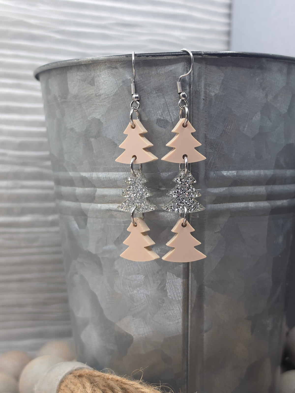 Blush Pink and Silver Christmas Tree Earrings