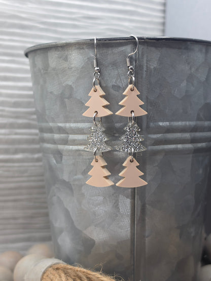 Blush Pink and Silver Christmas Tree Earrings