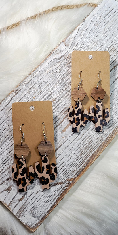 Walnut And Leopard Cactus Stacked Earrings