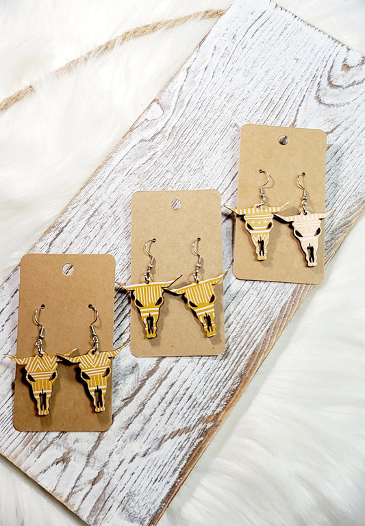 Mustard Tribal Bull Skull Earrings