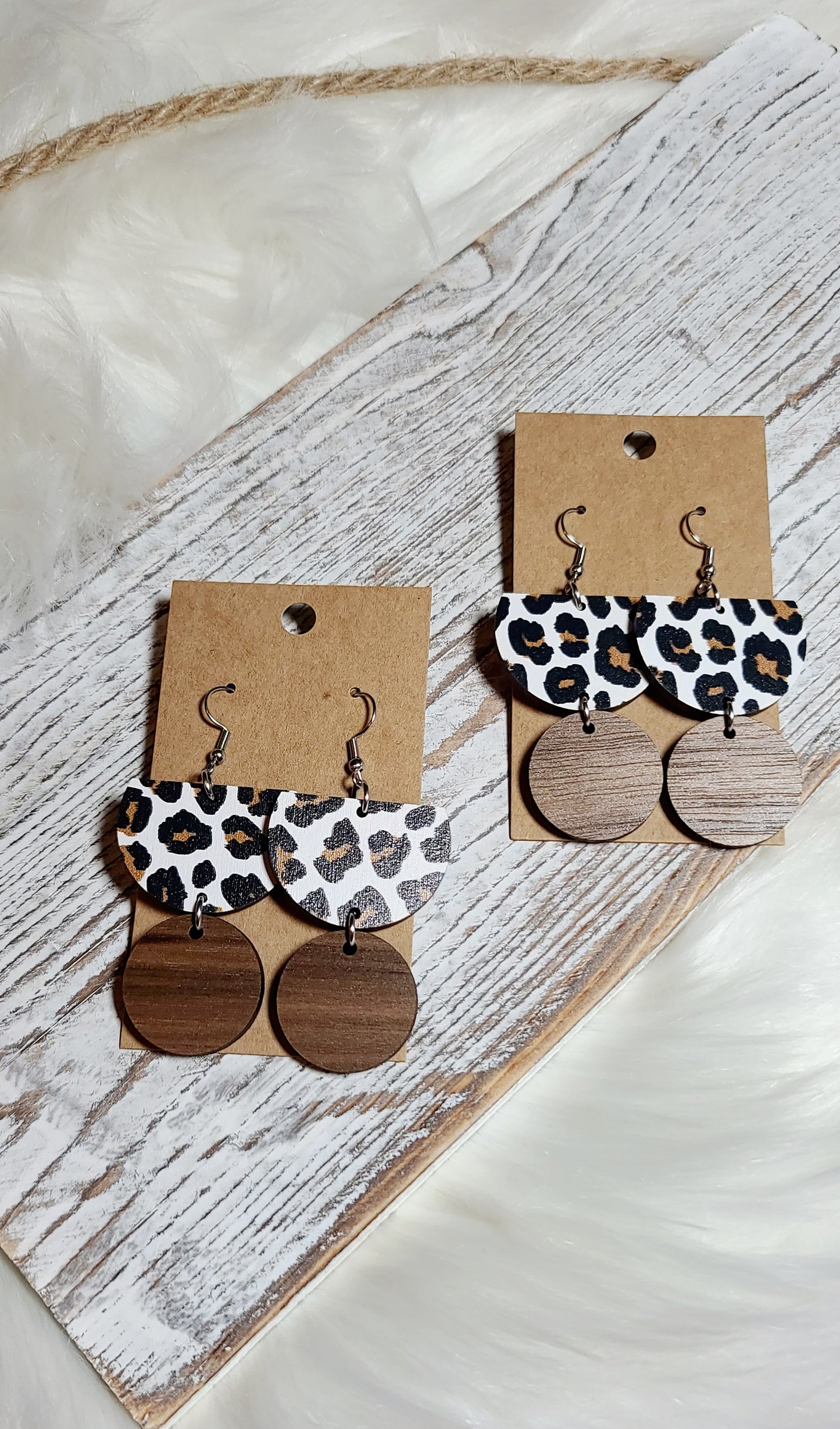 White Leopard And Walnut Stacked Earrings