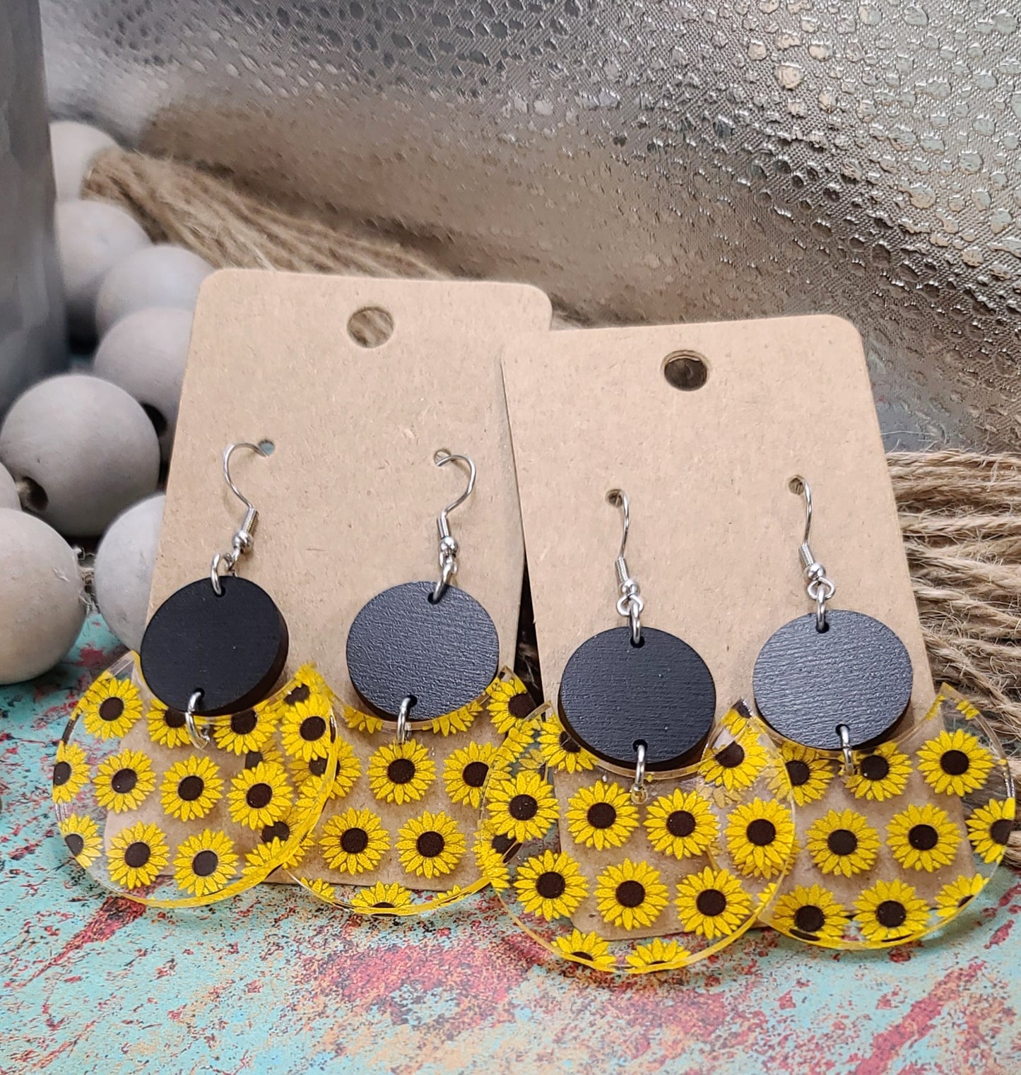 Black Wood And Sunflower Stacked Circle Earrings