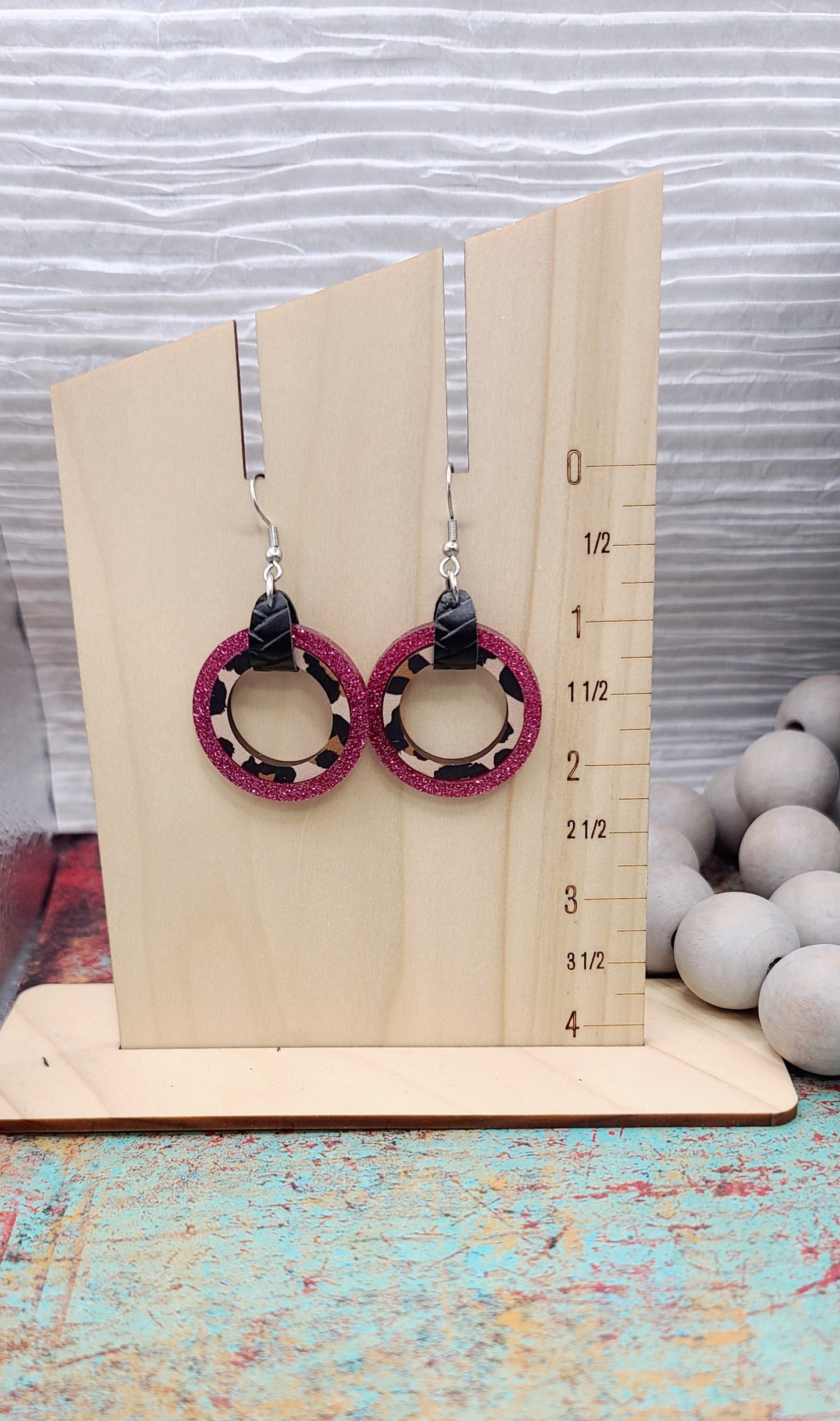 Pink Glitter and Leopard Nesting Circle Earrings SMALL SIZE