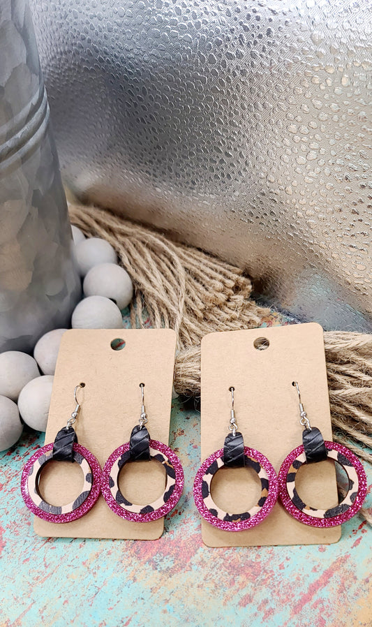 Pink Glitter and Leopard Nesting Circle Earrings SMALL SIZE