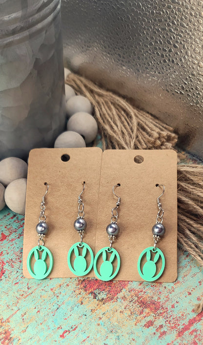 Faux Pearl Gray/ Mint Bunny Earrings