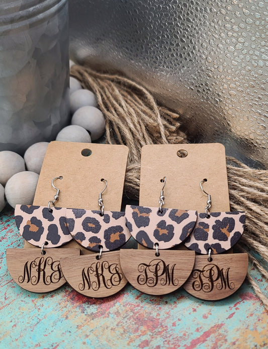 Leopard and Walnut Double Monogram Earrings