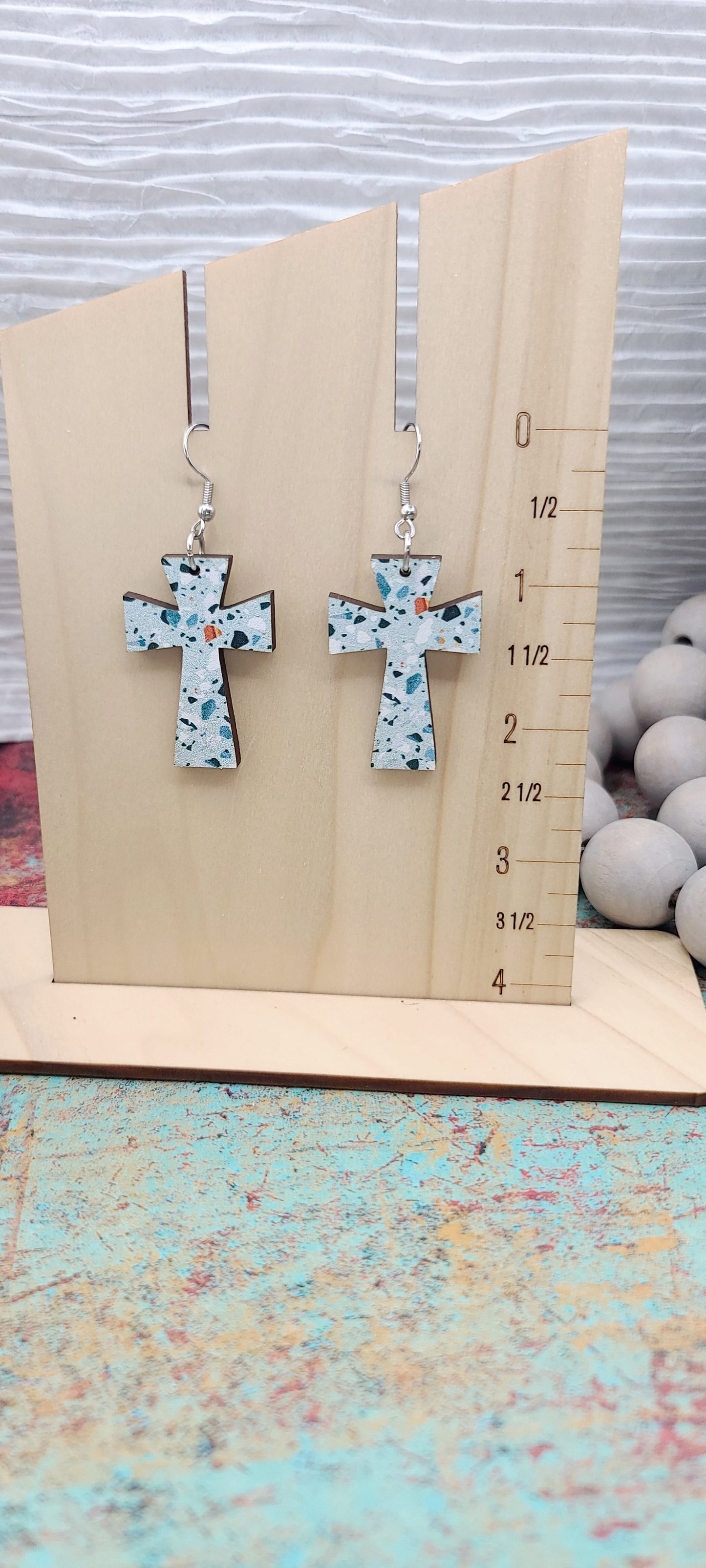 Blue Terrazzo Cross Earrings