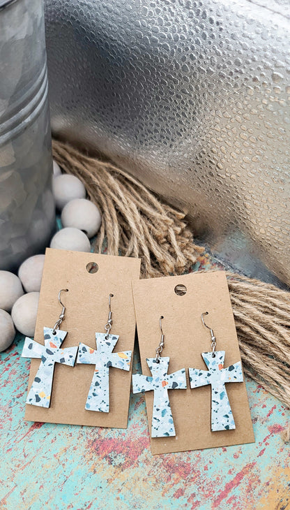 Blue Terrazzo Cross Earrings