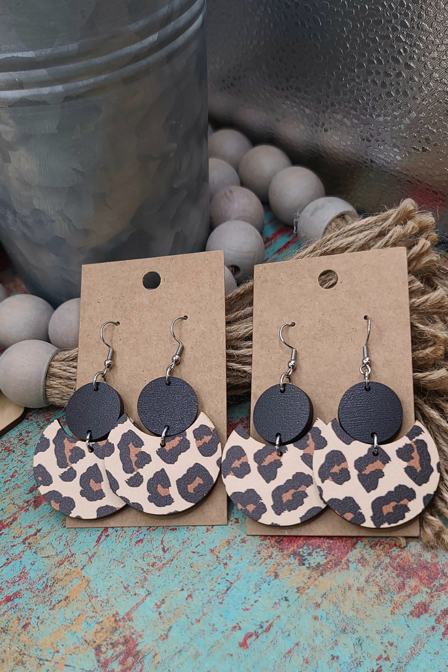 Black And Leopard Circle Stacked Earrings